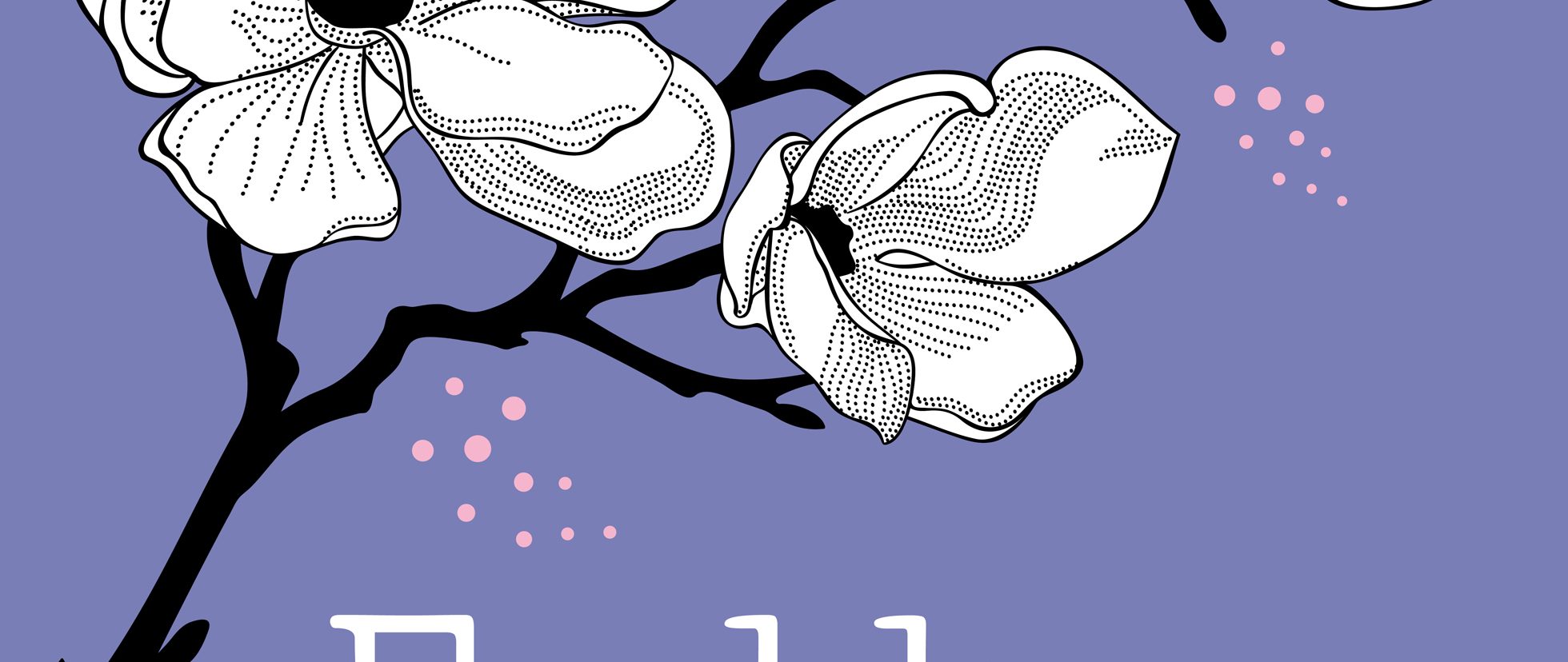 Plakat für den Frühlingsempfang des Präsidiums. Illustration von einem Kirschblütenzweig in schwarz-weiß vor einem hell-lila Hintergrund.