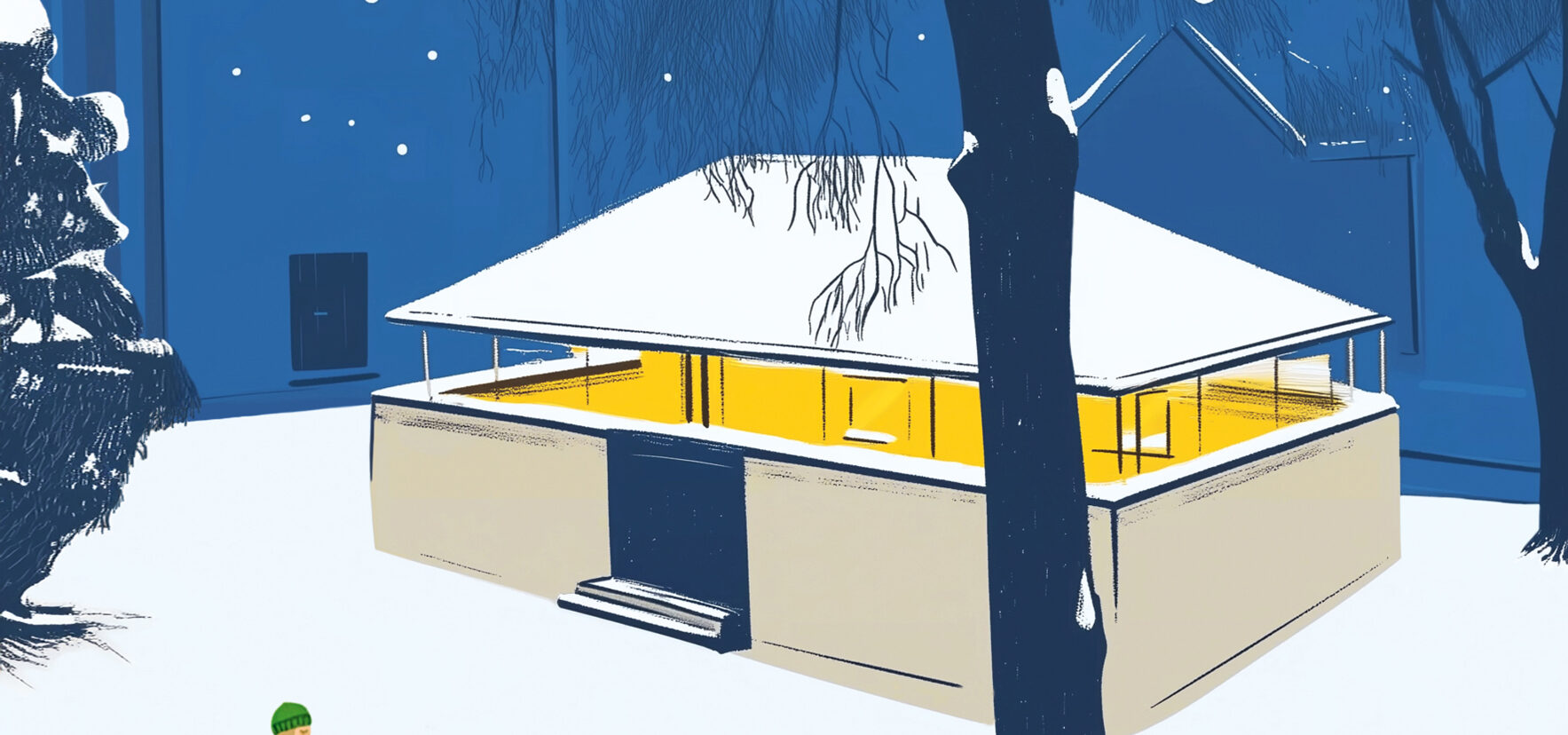 Tiefes Blau und reines Weiß treffen auf ein leuchtendes Gelb im Inneren des Gebäudes. Das Motiv verbindet architektonische Klarheit mit winterlicher Stille und erzählt von Nähe, Licht und innerer Ruhe. Die Postkarte wurde gedruckt auf hochwertigem, geglättetem Naturpapier – als feiner, grafischer Gruß zum Jahresende.